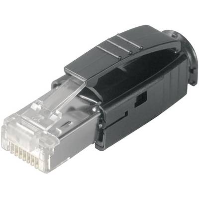 Crni i prozirni RJ45 utikač s integriranom rasteterećenjem kabela, pogodan za spajanje na mrežne kablove za LAN povezivanje.