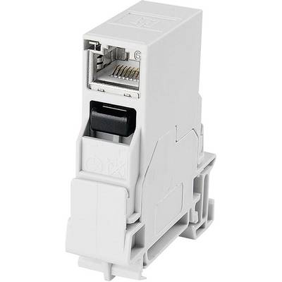 RJ45 mrežni priključni modul za montažu na DIN-šinu, korišten u industrijskoj mrežnoj instalaciji.