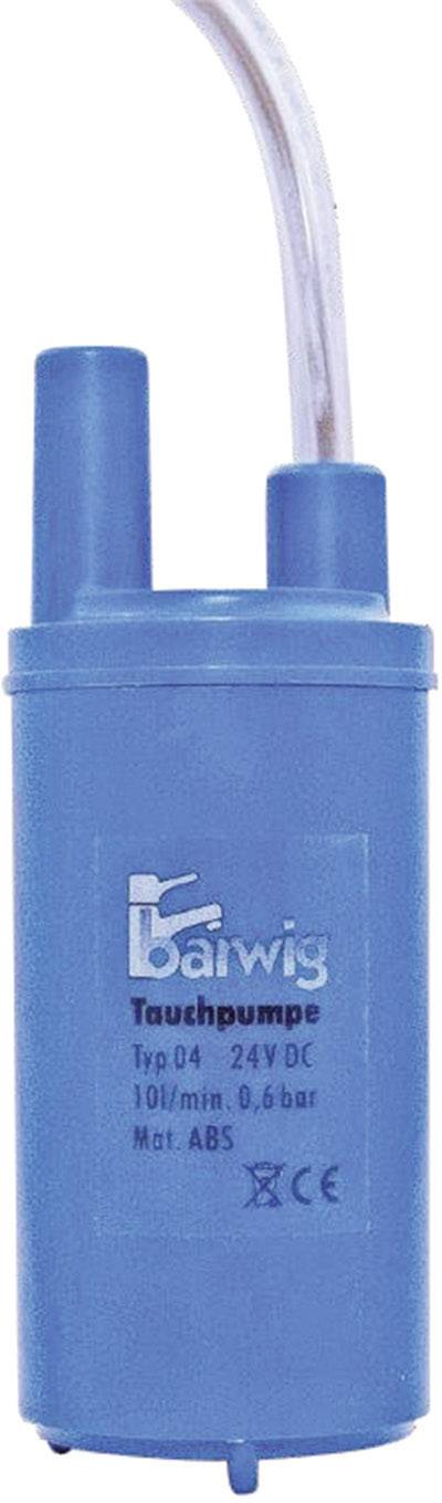 Plava potopna pumpa s natpisom 'Potopna pumpa Tip 04, 24V DC, 30l/min 0,6 bar, Mat. ABS'. Dva priključka gore, CE oznaka.