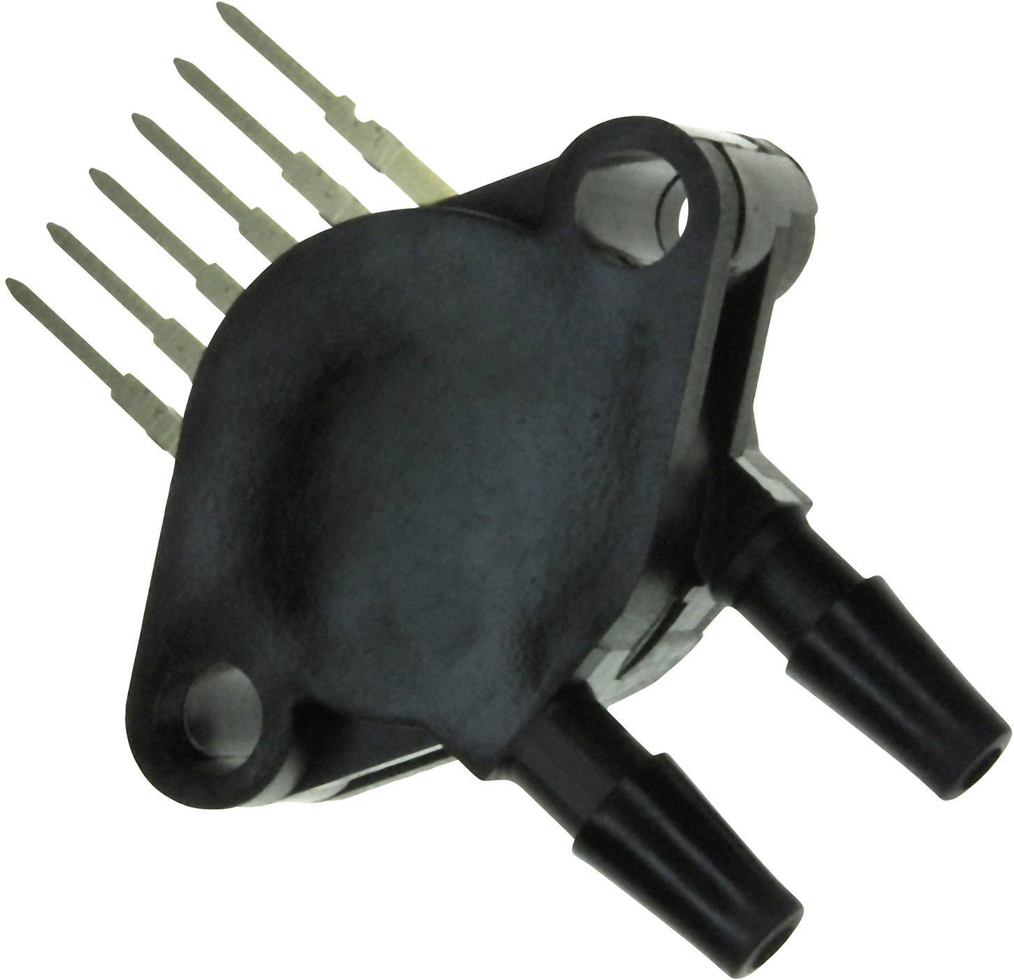 Crni elektronički element s nekoliko srebrnih pinova i dva crna priključka, vjerojatno senzor.