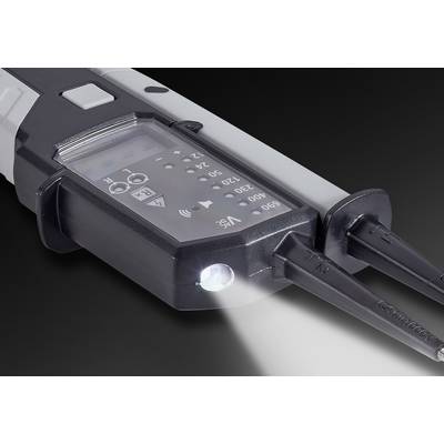 Uređaj za ispitivanje napona s osvjetljenim zaslonom i dvije sonde, korišten za električne sigurnosne provjere.