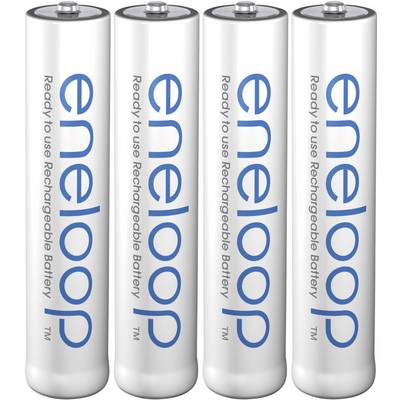 Četiri punjive baterije marke 'eneloop' poredane u nizu, s natpisom 'Ready to use Rechargeable Battery'.