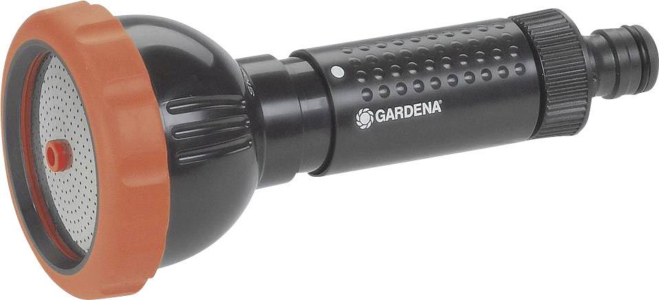 Crna i narančasta prskalica za zalijevanje s Gardeninim logotipom, pogled sa strane.