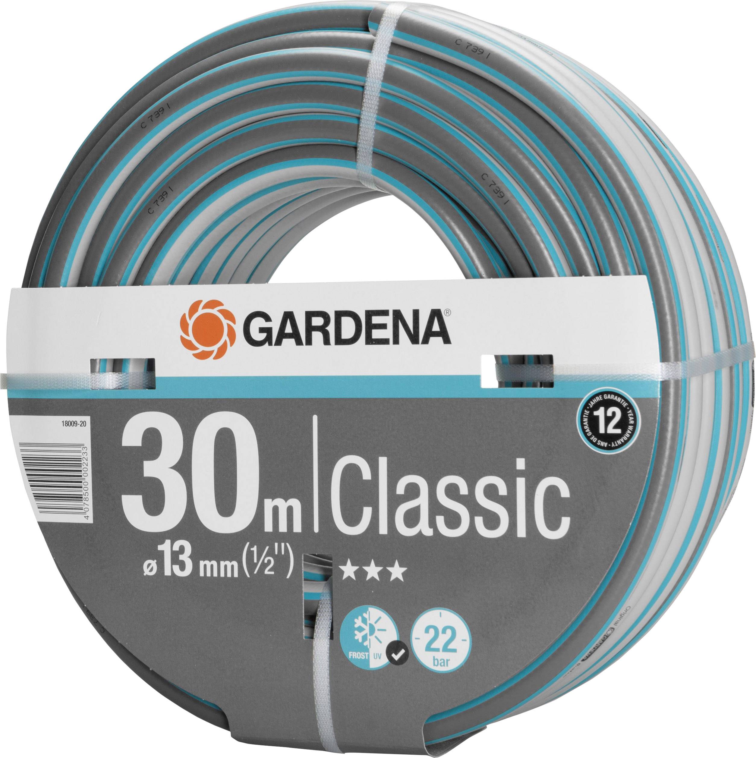 Vrtni cijev Gardena, dužine 30 m, promjera 13 mm, iz Classic serije, prikazuje simbol zaštite od mraza i otpornost na tlak od 22 bara.