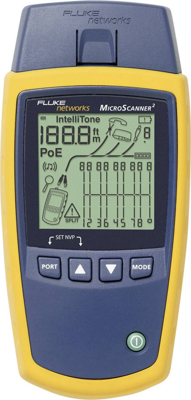 Ručni uređaj, Fluke MicroScanner2, prikazuje mjerne podatke na zaslonu. Tekst na zaslonu: 'POE', '188.8 ft'. Ima priključke i tipke.
