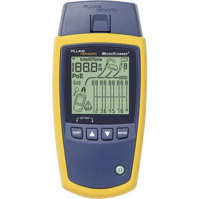 Ručni uređaj, Fluke MicroScanner2, prikazuje mjerne podatke na zaslonu. Tekst na zaslonu: 'POE', '188.8 ft'. Ima priključke i tipke.