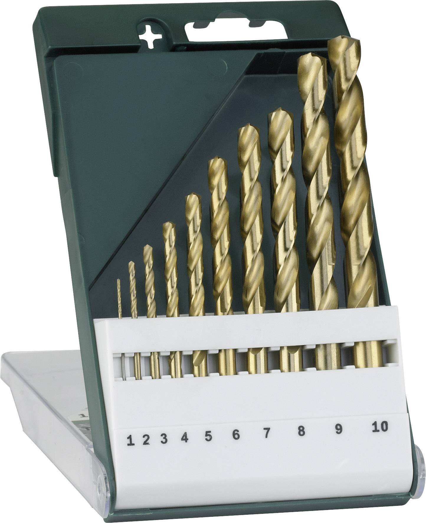 Set bušilica od metala sa deset zlatnih bušača različitih veličina, numeriranih od 1 do 10, u zelenoj stalnoj.