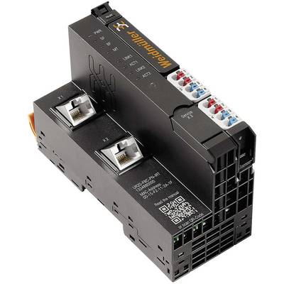 Crni elektronički modul s više priključaka i dva Ethernet porta, obilježen oznkom 'Weidmüller'.