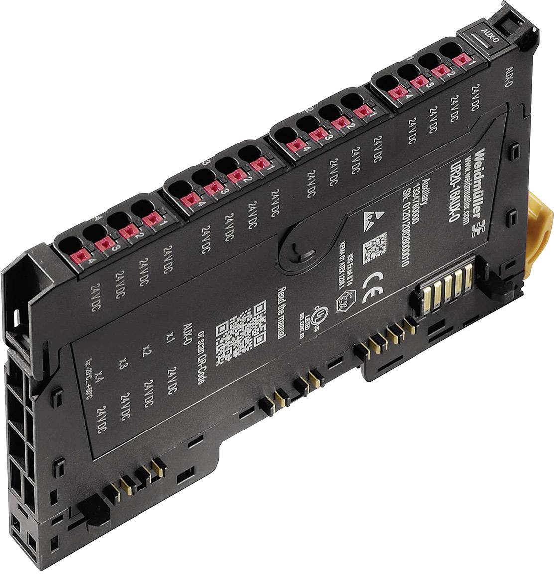 Elektronički modul s više utora i natpisima. Crne je boje i sadrži informacije o proizvodu i QR kod.