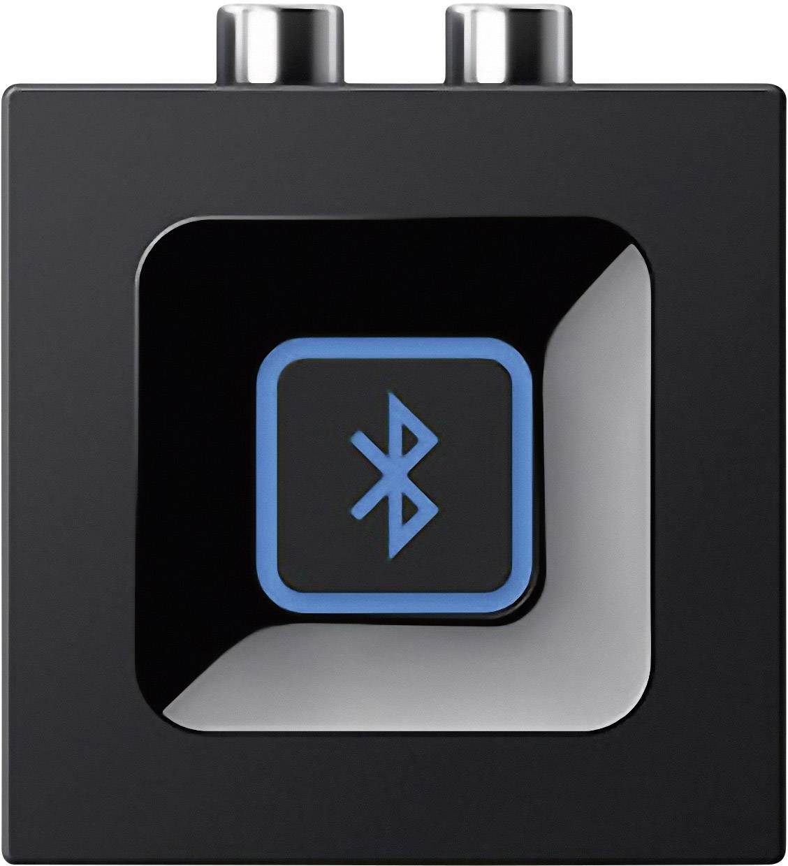 Crna kvadratna naprava s plavičasto osvjetljenim Bluetooth simbolom u sredini, dva srebrna gumba na vrhu.