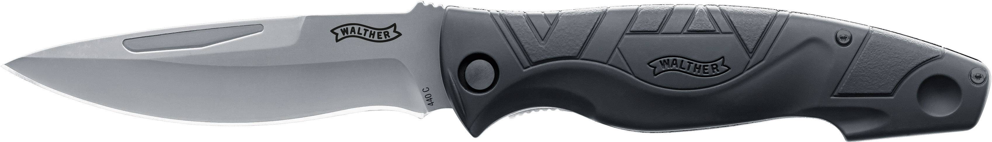 Preklopni nož s crnom ergonomskom ručkom i srebrnim sječivom, pogodan za outdoor aktivnosti ili sakupljanje.