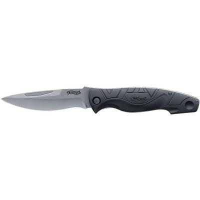 Preklopni nož s crnom ergonomskom ručkom i srebrnim sječivom, pogodan za outdoor aktivnosti ili sakupljanje.