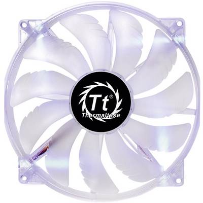 Bijeli računalni ventilator s logom 'Thermaltake' u sredini, devet prozirnih lopatica i LED osvjetljenjem.