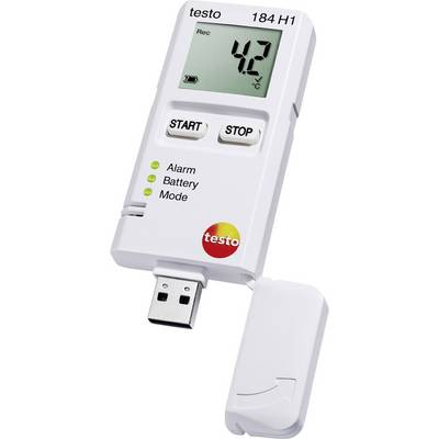 Digitalni temperaturni logger s zaslonom pokazuje '4,2 °C'. Funkcije: Start, Stop, Alarm, Baterija, Način rada. USB priključak na dnu.