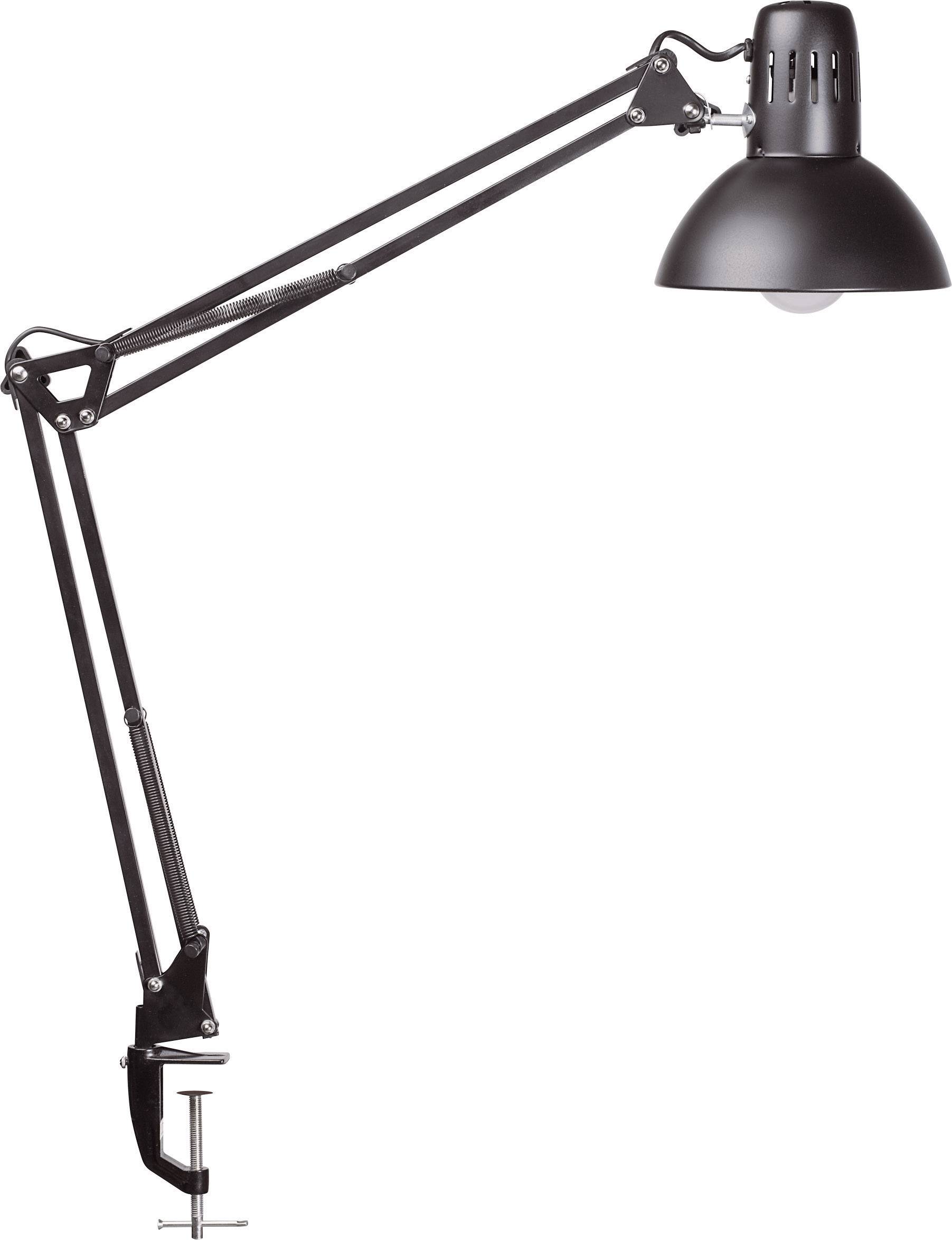 Crna stolna lampa s podesivom zglobnom rukom i okruglim sjenilom koja se može pričvrstiti za rub stola.