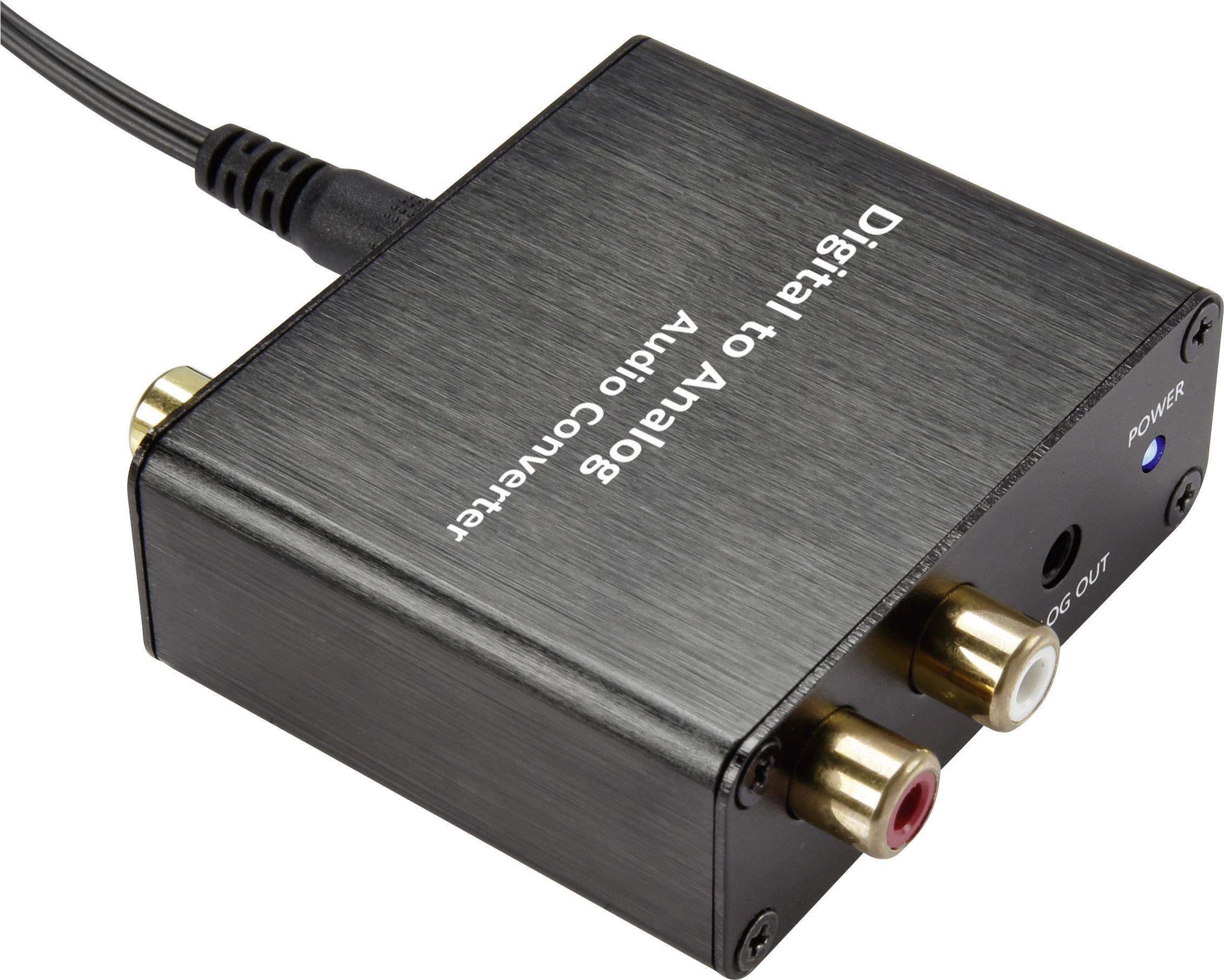 Crni digitalno-analogni audio pretvarač s koaksijalnim i optičkim priključcima. Jedan kabel je uključen.