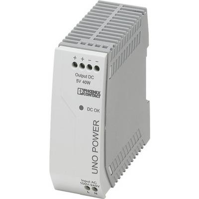Kompaktni mrežni napajač Phoenix Contact za DIN-šinsku montažu, s natpisom 'UNO POWER'. Izlaz: 5V 40W, Ulaz: 100-240V AC.
