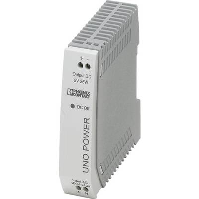 Sivi napajanje na DIN šini od Phoenix Contacta s natpisom 'Output DC 5V 25W'.