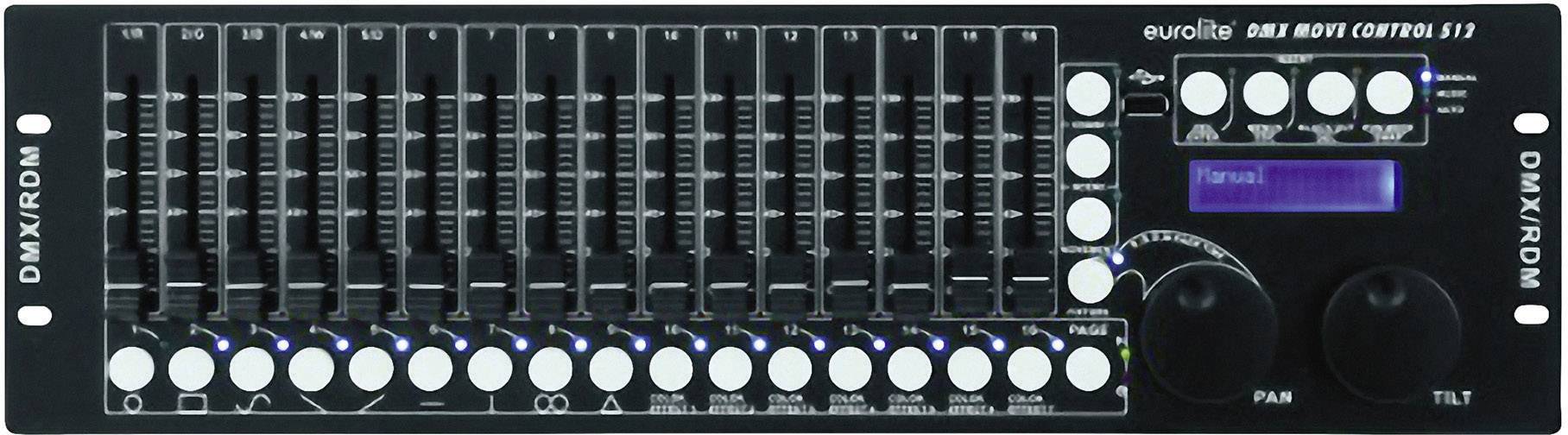 DMX uređaj za upravljanje rasvjetom s 16 kliznih regulatora, okretnih gumba za Pan/Tilt i digitalnim zaslonom.