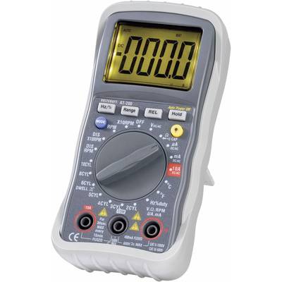 Digitalni multimetar s LCD zaslonom, okretni preklopnik za različite mjerne raspone, tipke za promjenu načina rada, priključci na dnu.