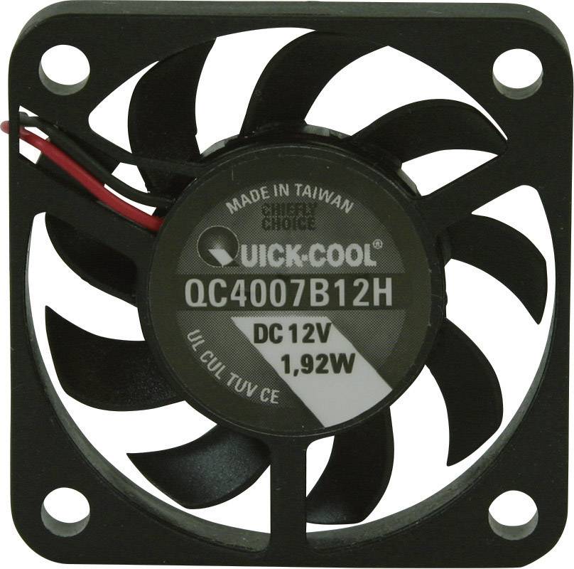 'Mali crni ventilator s natpisom: QC4007B12H, DC 12V, 1,92W. Lopatice ventilatora vidljive, dva žica gore lijevo.'