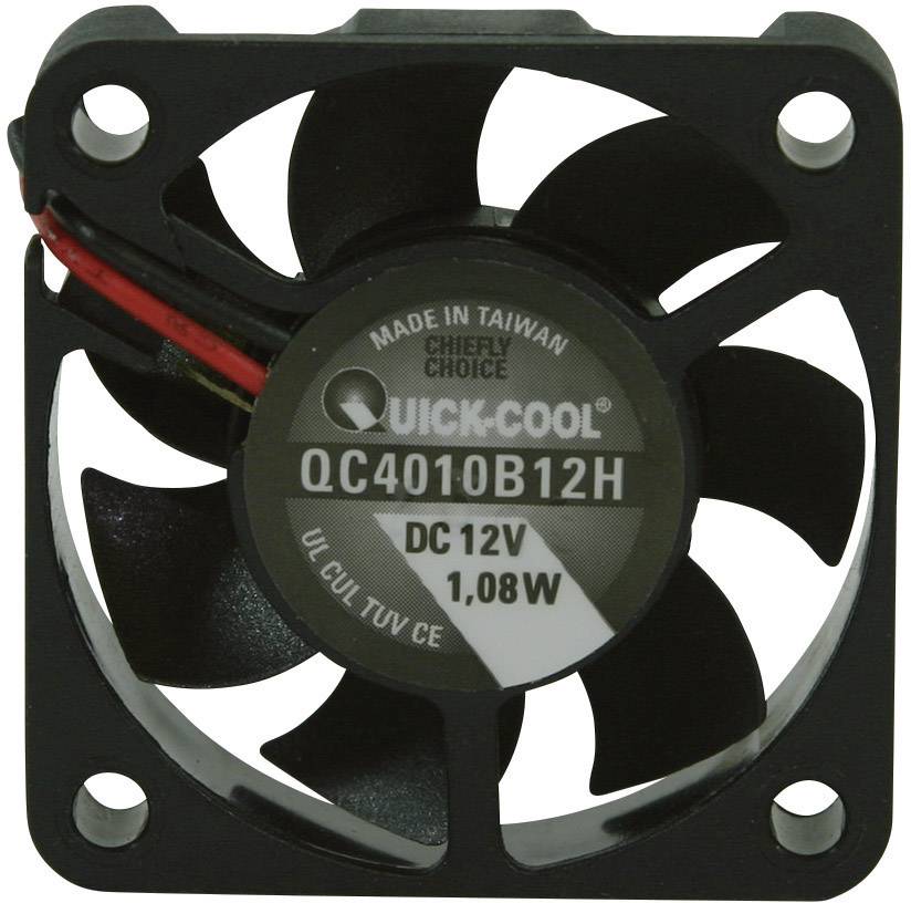 Na naljepnici ventilatora ispisano je 'Quick-Cool Lüfter QC4010B12H, DC 12V, 1,08W'. Ventilator ima sedam krila i crne je boje.