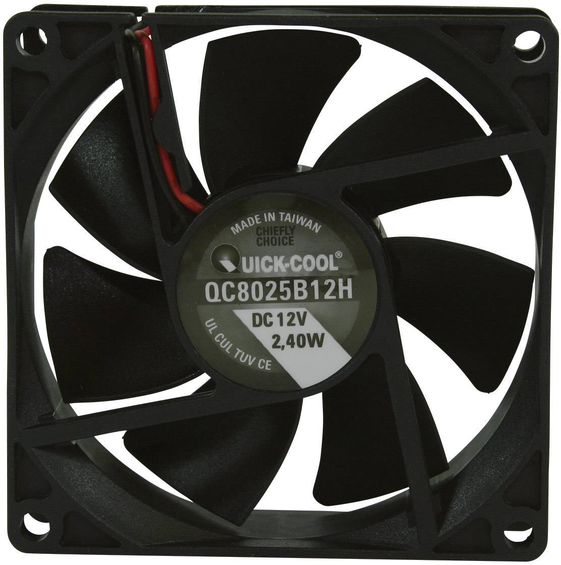 Crni računalni ventilator s šest rotorom, model 'UC8025B12H', DC 12V, 2,40 W. Tekst 'Made in Taiwan' na glavini.
