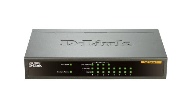 D-Link PoE-Switch s osam mrežnih priključaka, LED indikatorima za 'PoE Max', 'Napajanje sustava' i 'Status porta'. Čvrsto metalno kućište.
