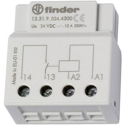 Elektronički relej tvrtke Finder, model 13.31.9.024.4300. Pogodan za 24V DC. Na prednjoj strani prikazuje shemu spajanja.