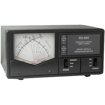 Crni SWR i mjerni uređaj snage s iglastim pokazivačem i frekventnim rasponom od 1,8 MHz do 525 MHz. Upravljački elementi za prilagodbu raspona i snage.