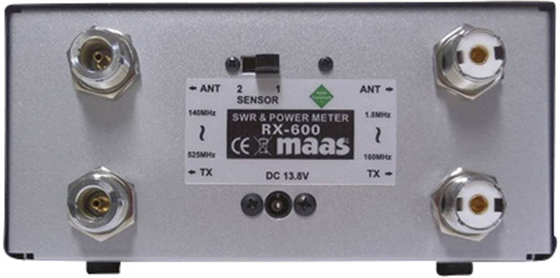 RX-600 SWR- i mjerač snage tvrtke 'maas' s priključcima za senzor, antenu i predajnik. Frekvencijski raspon: 1,8 MHz do 160 MHz.