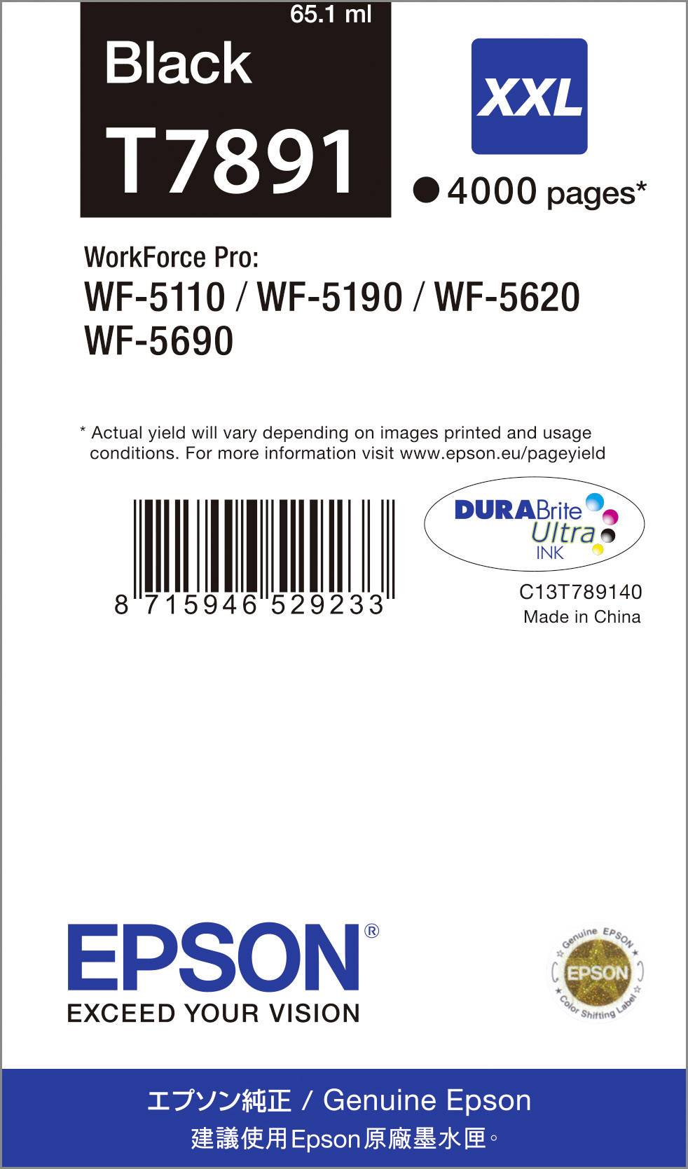 Crna Epson T7891 XXL tinta, 65,1 ml, doseg 4000 stranica. Kompatibilna s modelima pisača WF-5110, WF-5190, WF-5620, WF-5690.