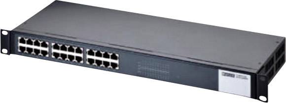 Mrežni switch s 24 Ethernet porta, desna strana blago povišena. Uređaj za povezivanje više računala u lokalnoj mreži (LAN-u).