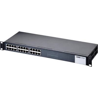 Mrežni switch s 24 Ethernet porta, desna strana blago povišena. Uređaj za povezivanje više računala u lokalnoj mreži (LAN-u).