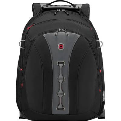 Crni i sivi ruksak s crvenim grbom i nekoliko džepova, pogodan za prenošenje laptopa i svakodnevnu upotrebu.
