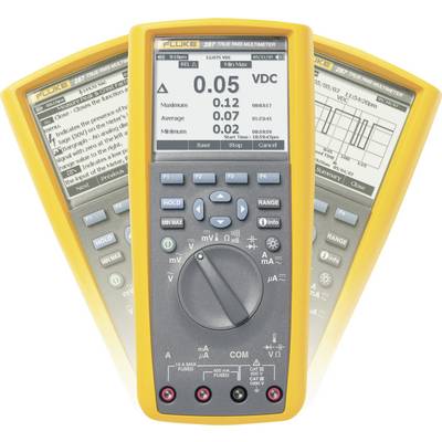 Digitalni multimetar sa žutim zaštitnim kućištem prikazuje mjerenja napona u VDC-u. Ima tri mjerna načina rada i grafički zaslon.
