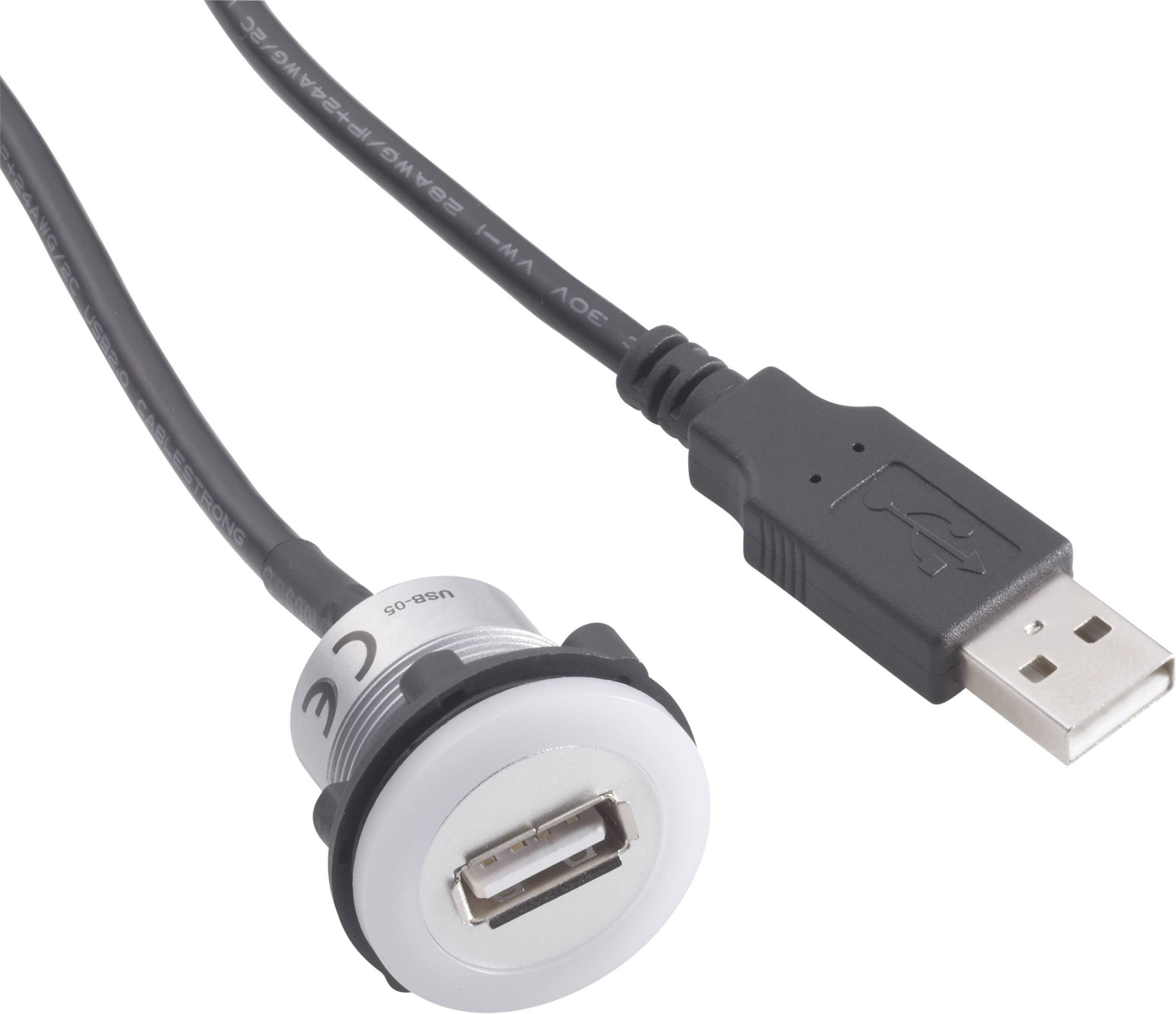 Crni USB kabel s okruglim, bijelim USB priključnim adapterom.