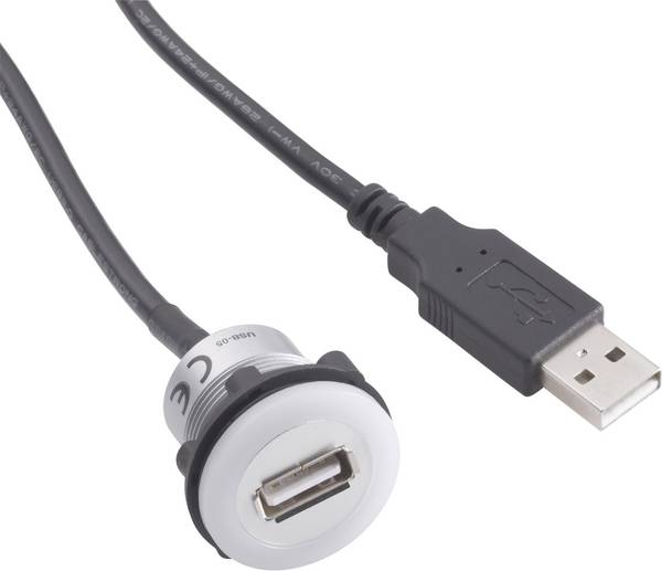 USB A ugradbena utičnica 2.0 ugradbena utičnica, 1 x USB A utičnica na 1 x USB A utikač s osvjetljenjem i 1.50 m kabelom TRU Components sadržaj: 1 kom.