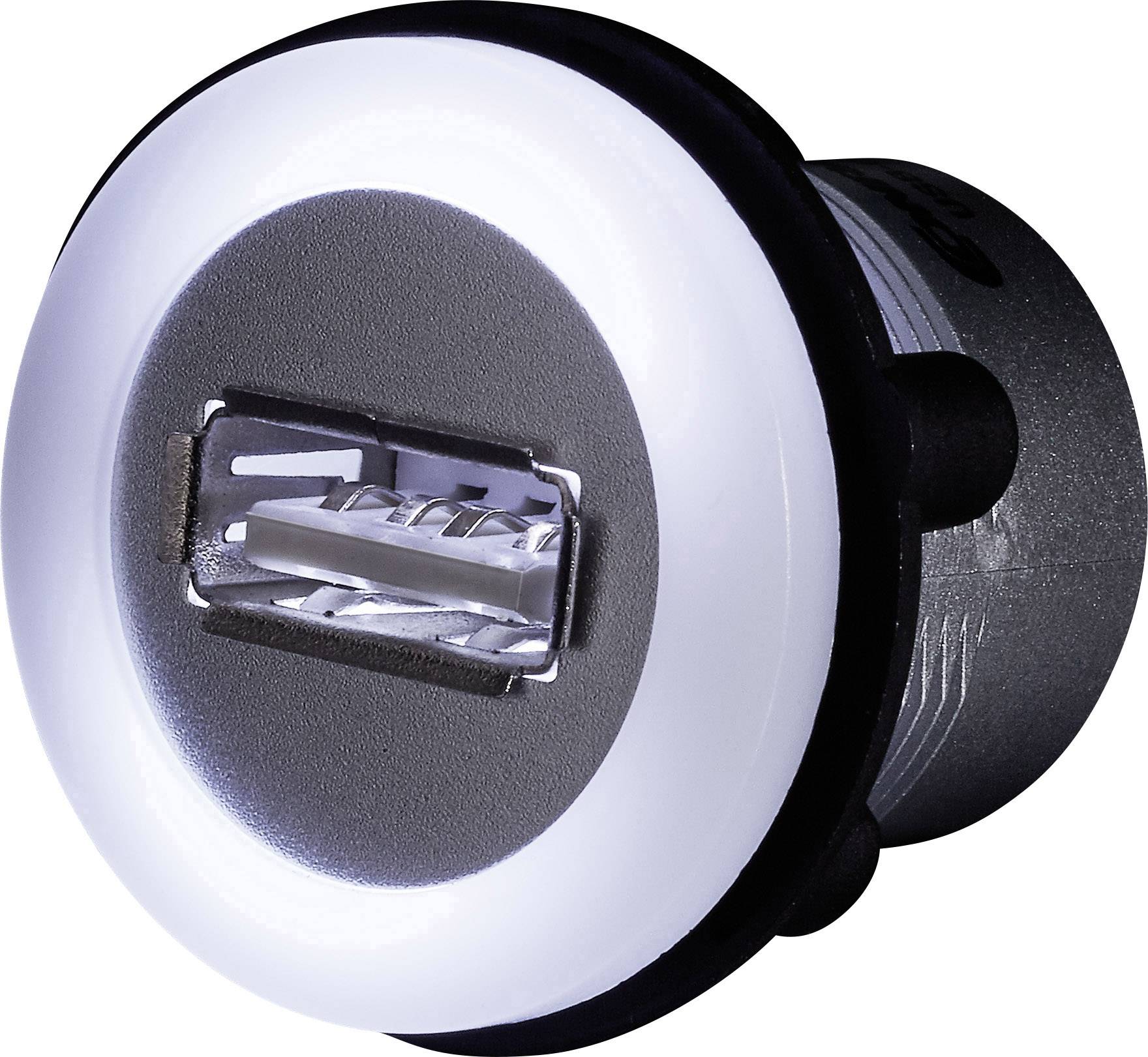 Krupni plan okruglog USB priključka s osvjetljenim LED prstenom. Priključak je ugrađen u crno kućište.