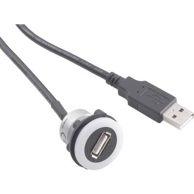 USB produžni kabel s jednom utičnicom za ugradnju u površinu. Jedna strana ima USB utikač, druga strana okruglu čauru.