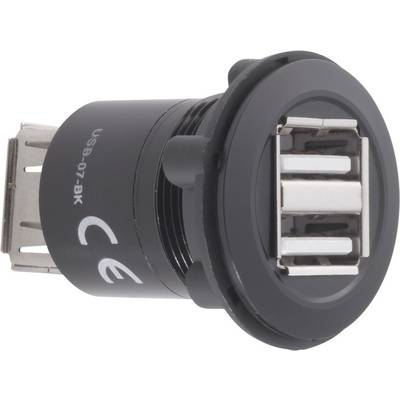 Crni USB adapter s dva USB priključka, pogodan za ugradnju u kućišta uređaja. Oznake sa strane pokazuju CE certifikaciju.