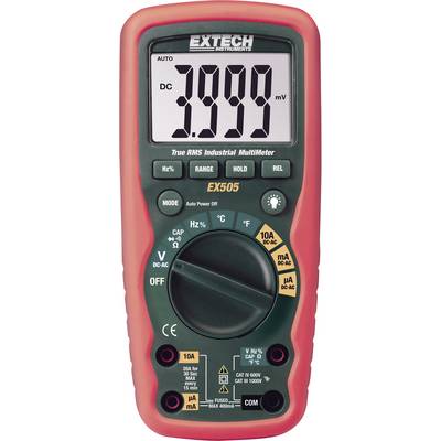 Extech EX505 multimetar s velikim zaslonom prikazuje '3999 mV' DC. Vidljive funkcije za mjerenje napona, otpora i struje.