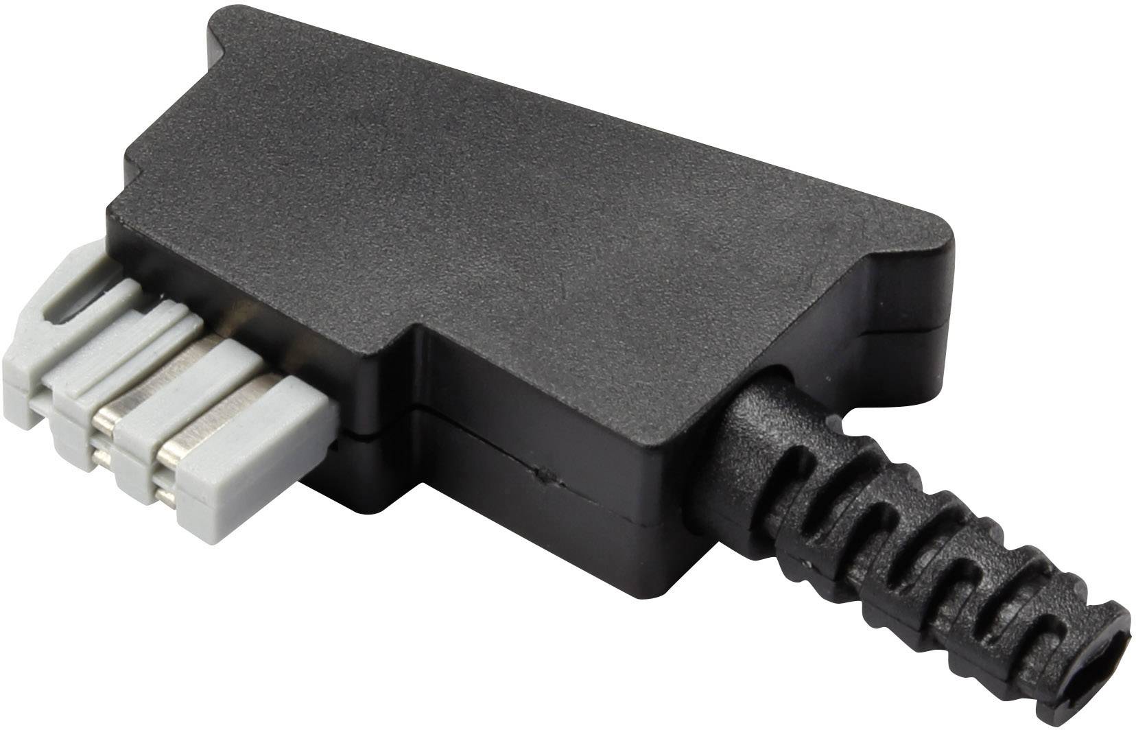 Crni uglasti utikač s tri srebrne stezaljke i fleksibilnom zaštitom kabela. Pogodan za električne spojeve.