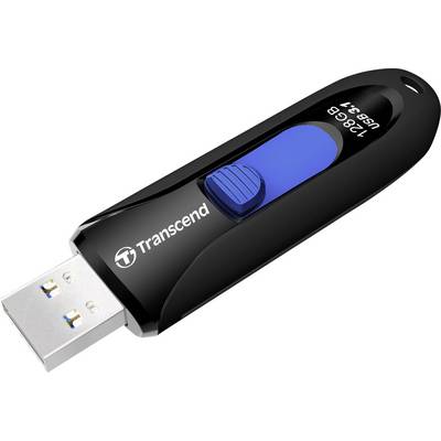 Crni USB stick s plavim plastičnim poklopcem i oznakom 'Transcend, 128 GB, USB 3.1'.