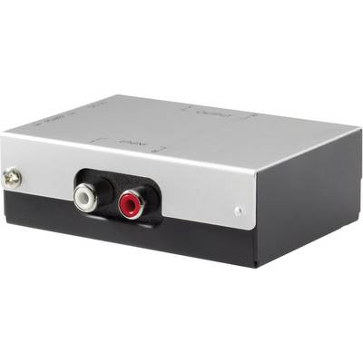 Srebrno-crni elektronički uređaj s audio ulazima i izlazima, prepoznatljiv po crveno i bijelo označenim priključcima.