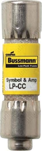 Osigurač s žutom naljepnicom, natpisom 'Cooper Bussmann Low-Peak Osigurači Simbol i Amp LP-CC'.