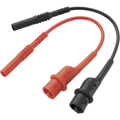 Dvije mjerne žice, jedna crvena i jedna crna, s izoliranim utikačima i stezaljkama za električne mjerne uređaje.