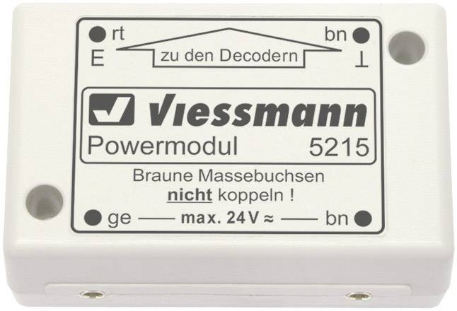 'Viessmann Powermodul 5215' s napomenama za spajanje smeđih masa. Maksimalni napon: 24V.