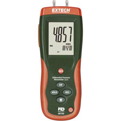 Diferencialni manometar tlaka (Extech HD750) prikazuje 4,057 psi na digitalnom zaslonu. Prisutni su tipke za jedinice, zadržavanje, diferencijalnu vrijednost i snimanje.