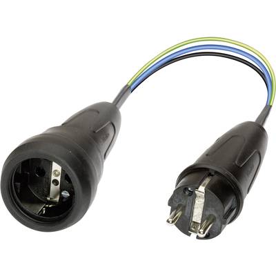 Crni adapter kabel sa Schuko utikačem i utičnicom, uzemljujući vodovi u žuto-zeleno-plavoj boji. Pogodan za europske utičnice.
